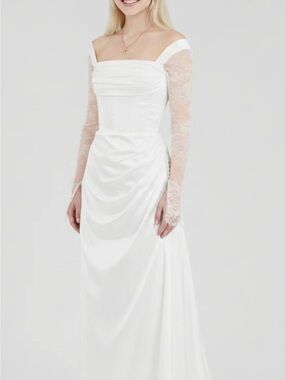 White Off-Shoulder Lace Sleeve Wedding Dress